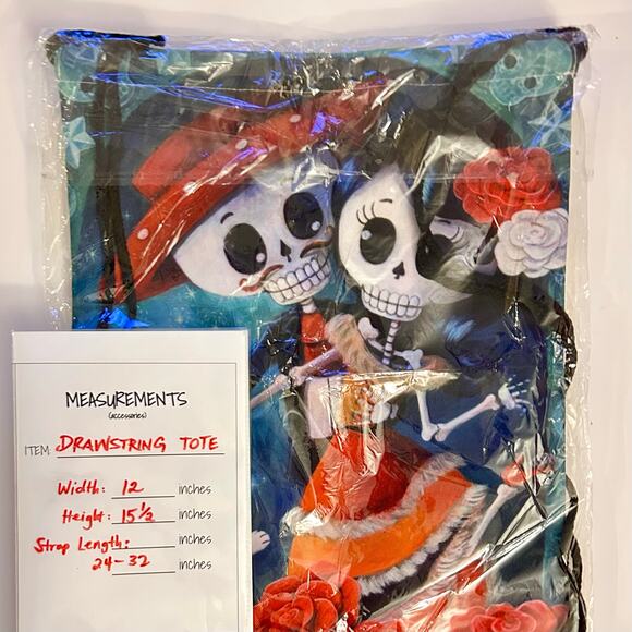 Dia de Los Muertos Sugar Skull Couple Rope Drawstring Canvas Tote Bag - Picture 5 of 5
